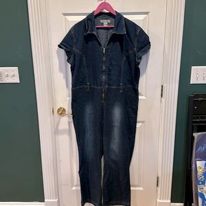 Street Blues one piece zippered blue denim jumper for women with cap sleeves.